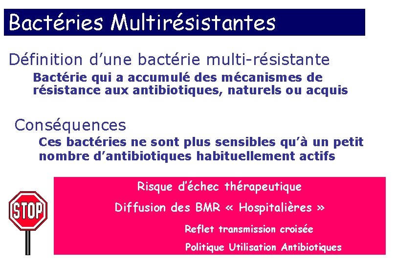 Bactéries Multirésistantes Définition d’une bactérie multi-résistante Bactérie qui a accumulé des mécanismes de résistance