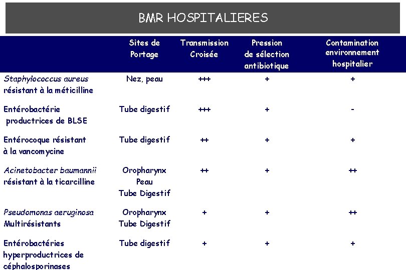 BMR HOSPITALIERES Sites de Portage Transmission Croisée Pression de sélection antibiotique Contamination environnement hospitalier