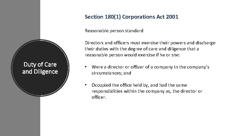 Section 180(1) Corporations Act 2001 Reasonable person standard Directors and officers must exercise their