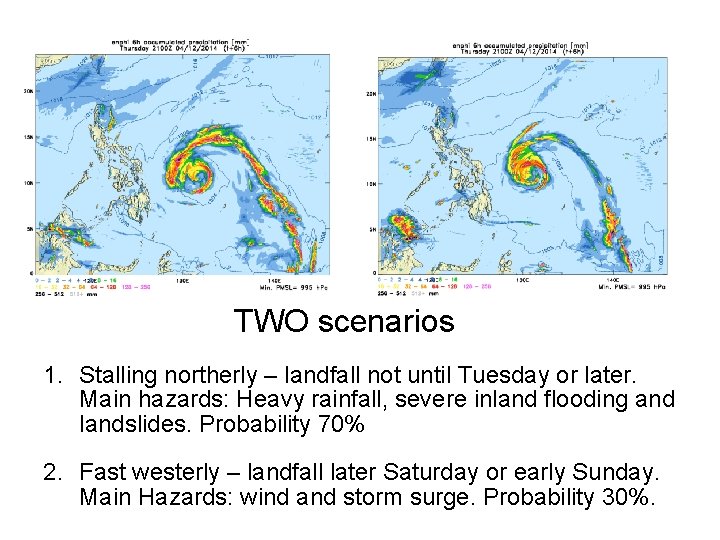 TWO scenarios 1. Stalling northerly – landfall not until Tuesday or later. Main hazards: