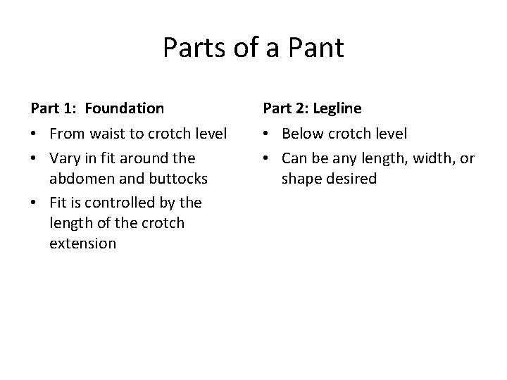 Parts of a Pant Part 1: Foundation Part 2: Legline • From waist to