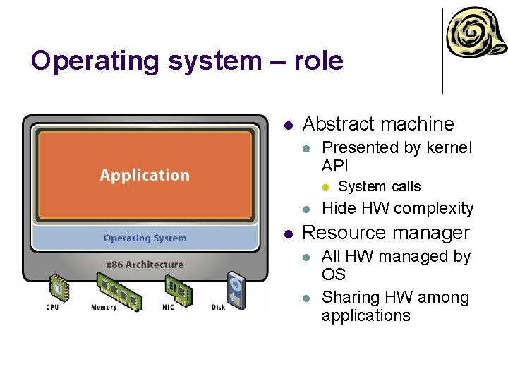 Operating system – role l Abstract machine l Presented by kernel API l l