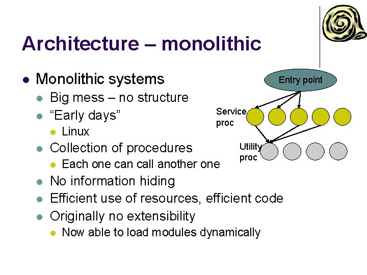Architecture – monolithic l Monolithic systems l l Big mess – no structure “Early