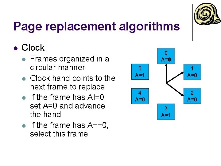 Page replacement algorithms l Clock l l Frames organized in a circular manner Clock