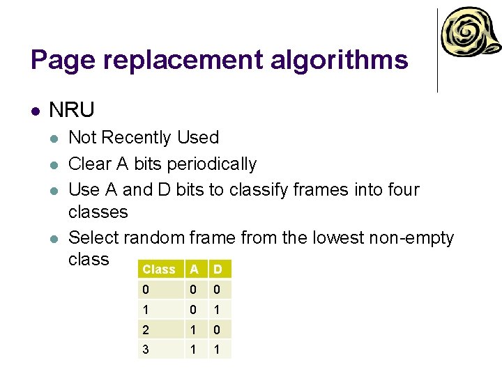 Page replacement algorithms l NRU l l Not Recently Used Clear A bits periodically