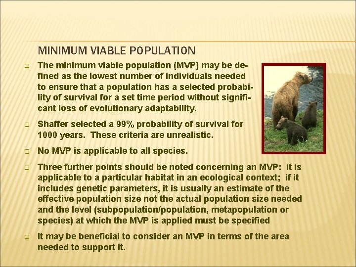 MINIMUM VIABLE POPULATION q The minimum viable population (MVP) may be defined as the