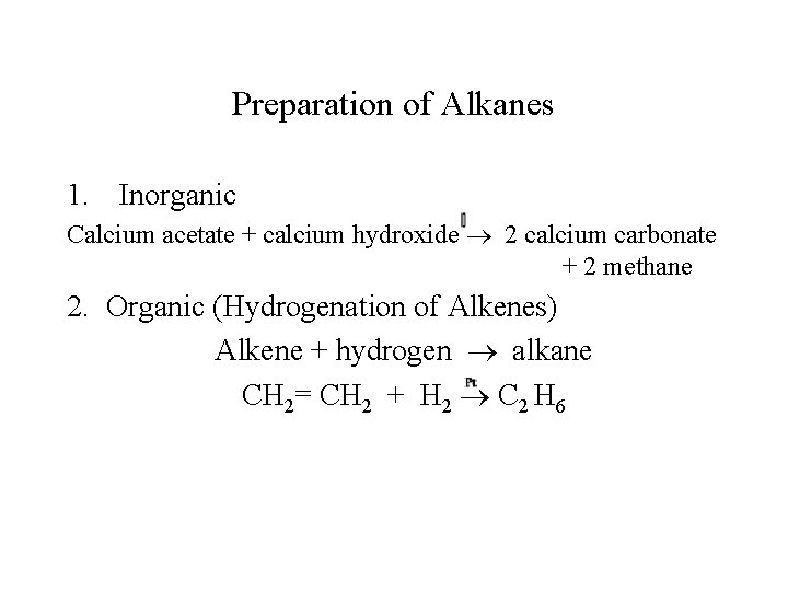 Preparation of Alkanes 1. Inorganic Calcium acetate + calcium hydroxide 2 calcium carbonate +