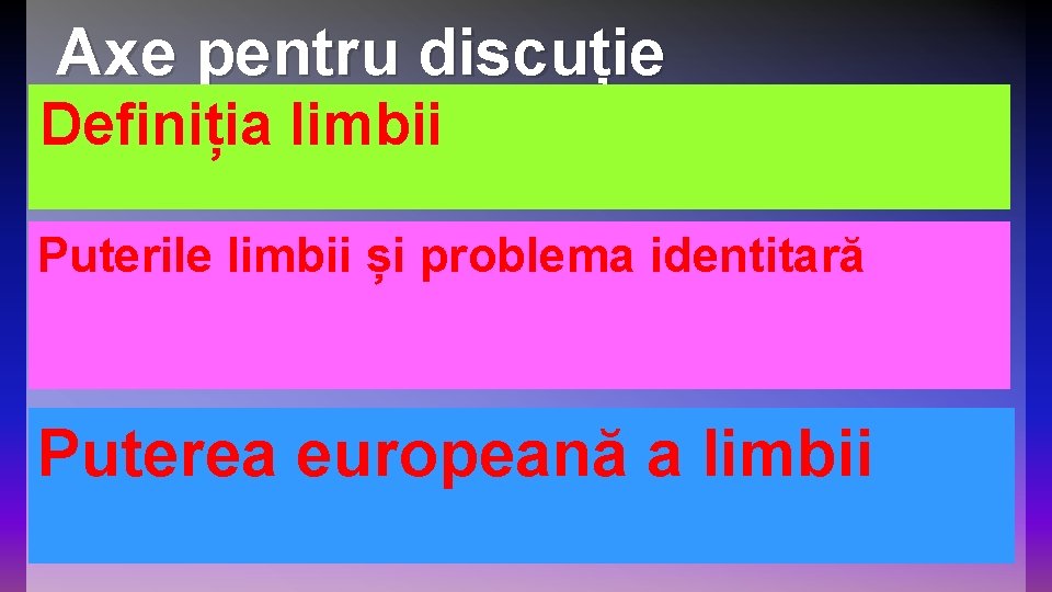 Axe pentru discuție Definiția limbii Puterile limbii și problema identitară Puterea europeană a limbii