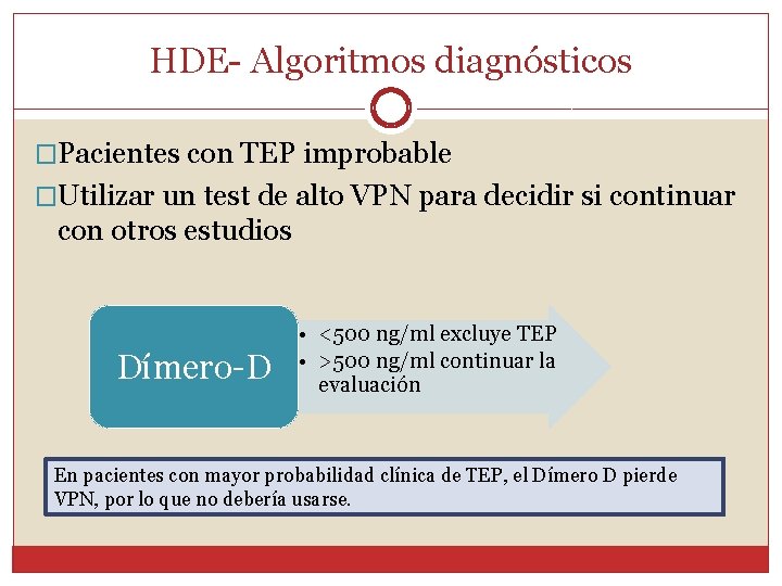 HDE- Algoritmos diagnósticos �Pacientes con TEP improbable �Utilizar un test de alto VPN para