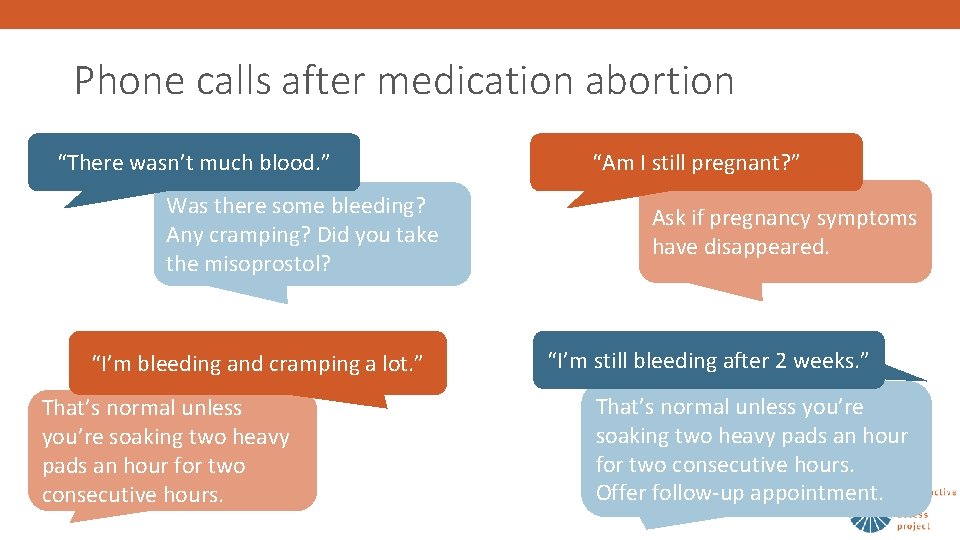 Phone calls after medication abortion “There wasn’t much blood. ” Was there some bleeding?