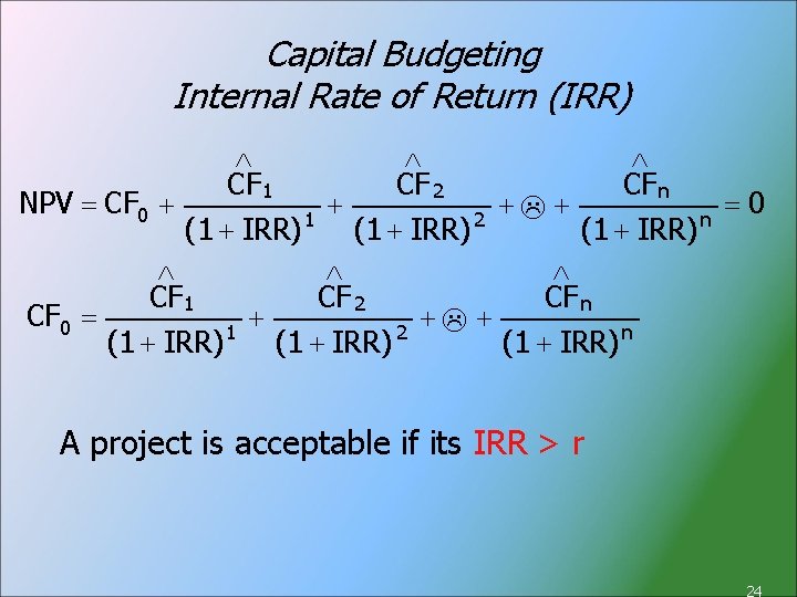 Capital Budgeting Internal Rate of Return (IRR) Ù Ù Ù CF 1 CF 2