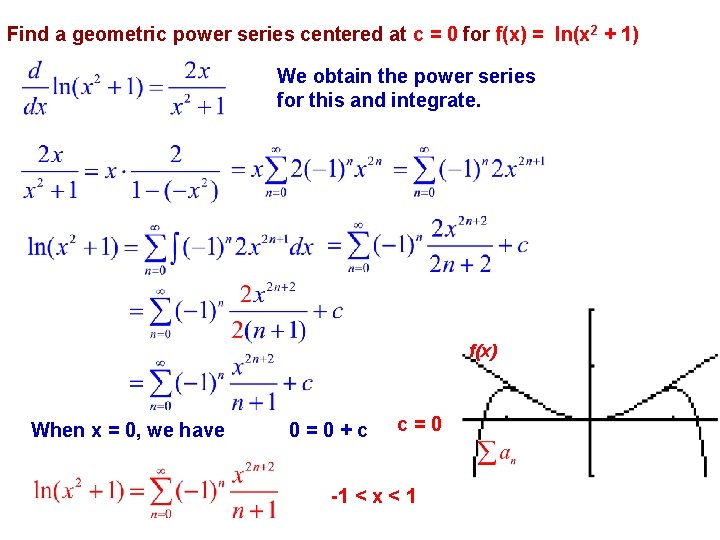 Find a geometric power series centered at c = 0 for f(x) = ln(x