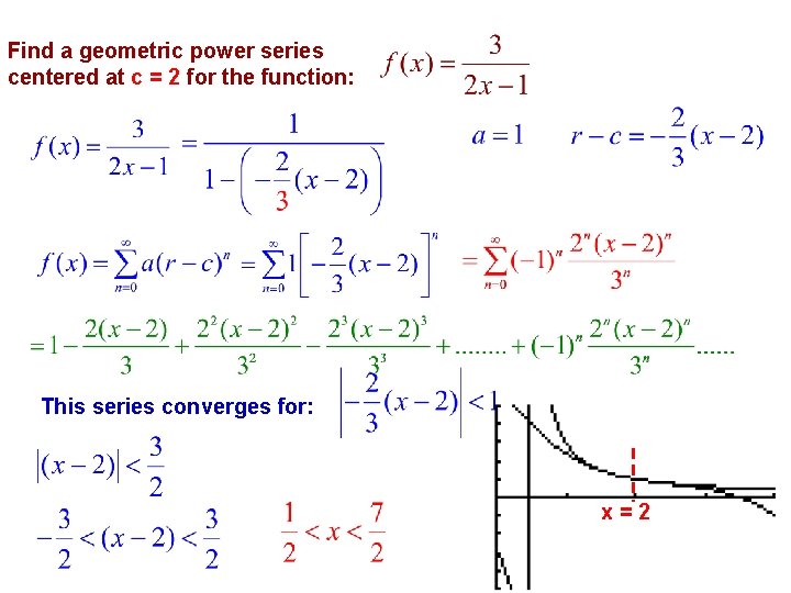 Find a geometric power series centered at c = 2 for the function: This