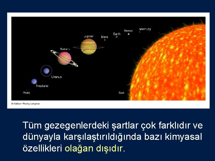 Tüm gezegenlerdeki şartlar çok farklıdır ve dünyayla karşılaştırıldığında bazı kimyasal özellikleri olağan dışıdır. 