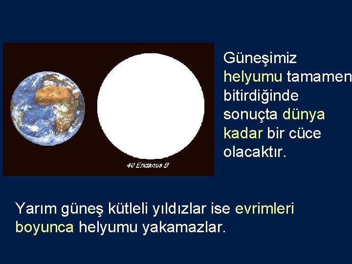 Güneşimiz helyumu tamamen bitirdiğinde sonuçta dünya kadar bir cüce olacaktır. Yarım güneş kütleli yıldızlar