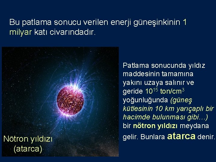 Bu patlama sonucu verilen enerji güneşinkinin 1 milyar katı civarındadır. Patlama sonucunda yıldız maddesinin