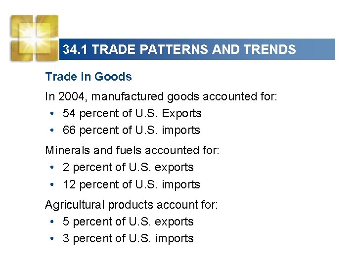 34. 1 TRADE PATTERNS AND TRENDS Trade in Goods In 2004, manufactured goods accounted