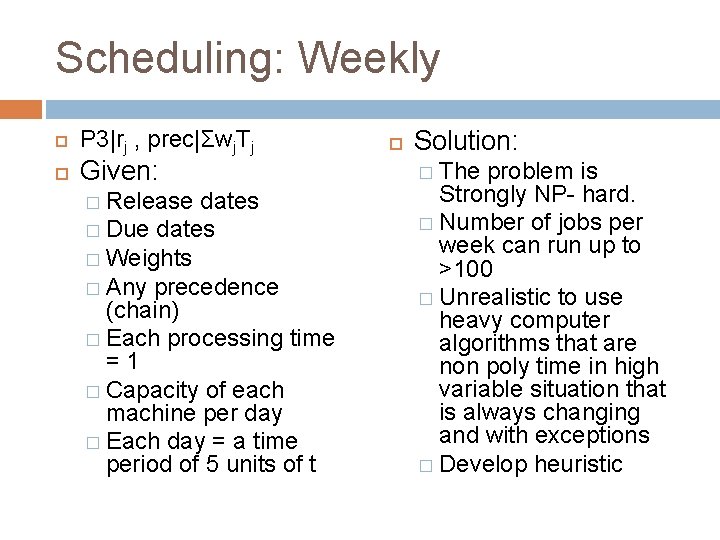 Scheduling: Weekly P 3|rj , prec|Σwj. Tj Given: � Release dates � Due dates