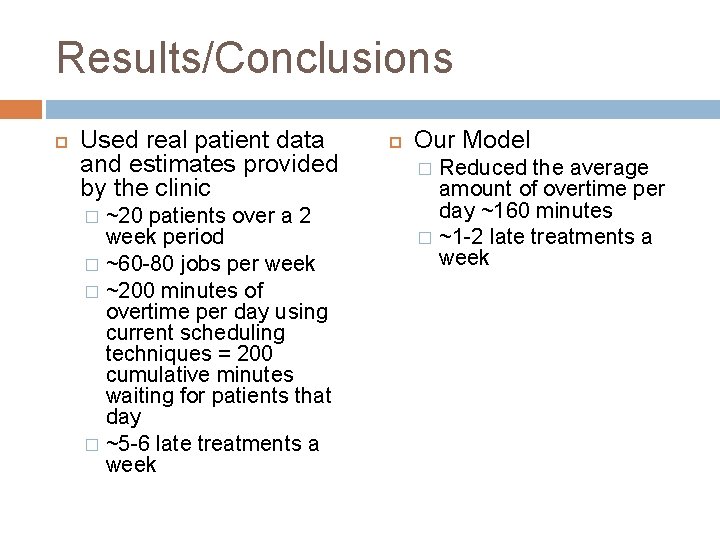 Results/Conclusions Used real patient data and estimates provided by the clinic ~20 patients over