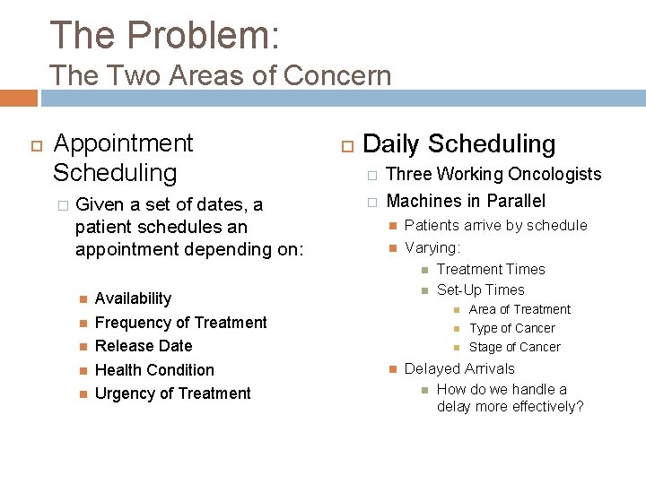 The Problem: The Two Areas of Concern Appointment Scheduling � Given a set of