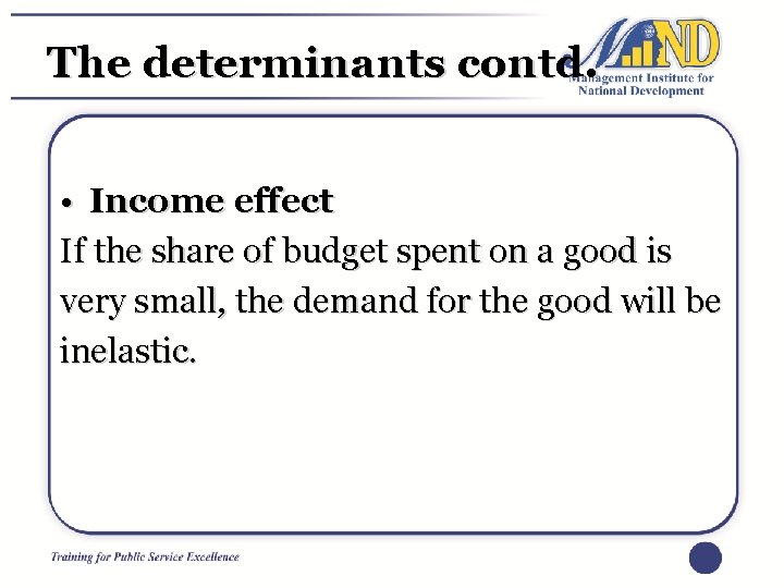 The determinants contd. • Income effect If the share of budget spent on a
