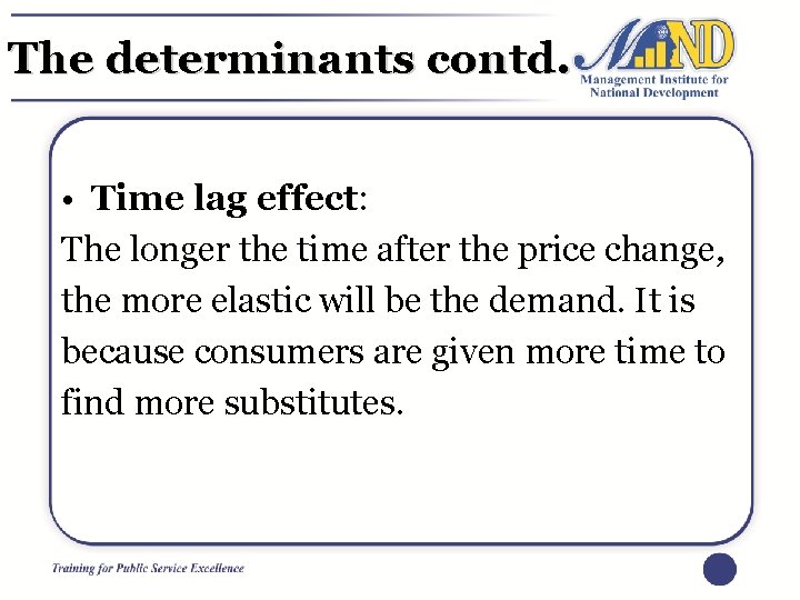 The determinants contd. • Time lag effect: The longer the time after the price