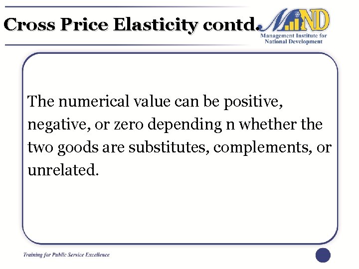 Cross Price Elasticity contd. The numerical value can be positive, negative, or zero depending