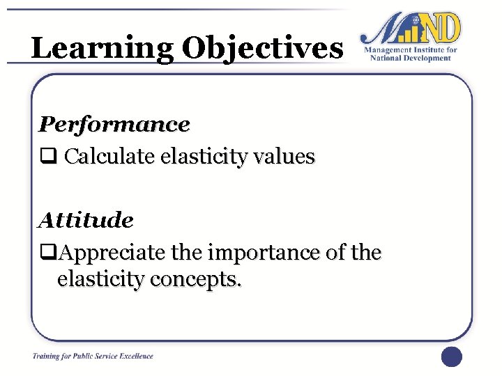 Learning Objectives Performance q Calculate elasticity values Attitude q. Appreciate the importance of the