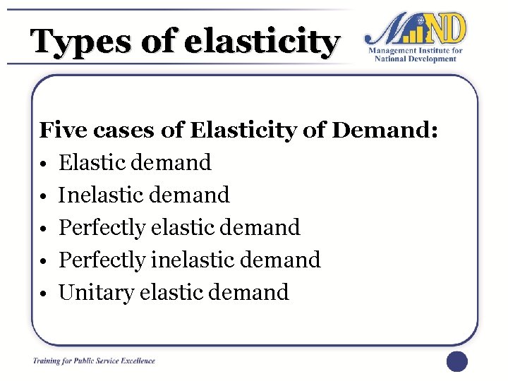 Types of elasticity Five cases of Elasticity of Demand: • Elastic demand • Inelastic