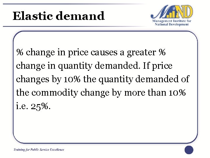 Elastic demand % change in price causes a greater % change in quantity demanded.