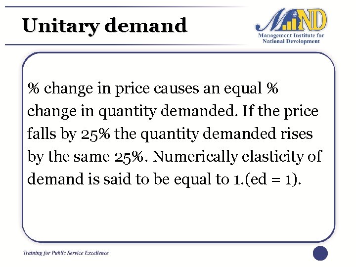 Unitary demand % change in price causes an equal % change in quantity demanded.