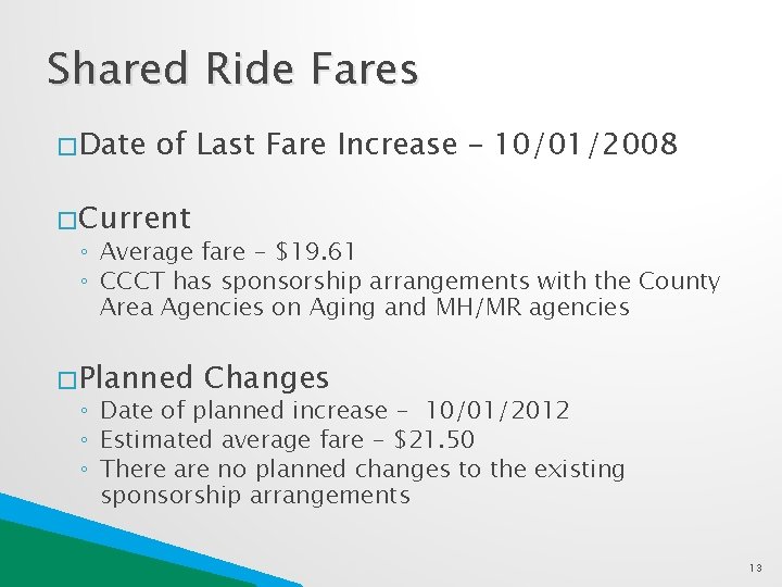 Shared Ride Fares � Date of Last Fare Increase – 10/01/2008 � Current ◦