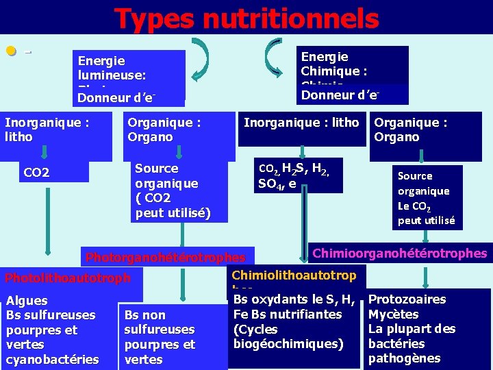  • - Types nutritionnels Energie lumineuse: Photo Donneur d’e- Inorganique : litho Inorganique
