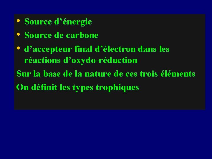  • • • Source d’énergie Source de carbone d’accepteur final d’électron dans les