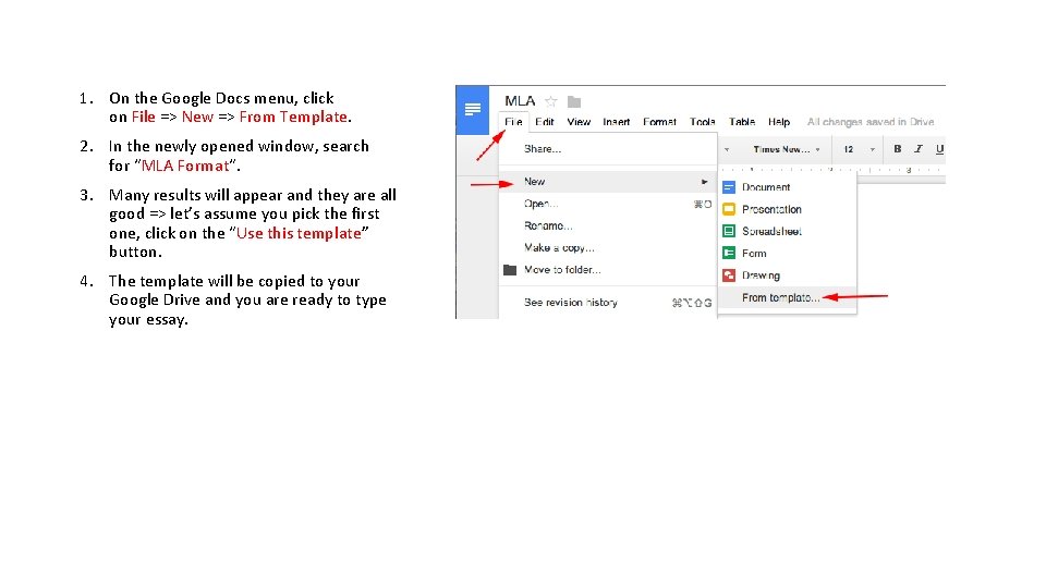 1. On the Google Docs menu, click on File => New => From Template.