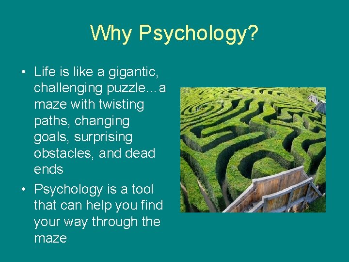 Why Psychology? • Life is like a gigantic, challenging puzzle…a maze with twisting paths,
