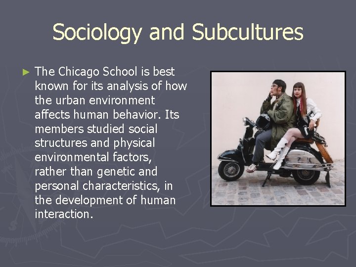 Sociology and Subcultures ► The Chicago School is best known for its analysis of