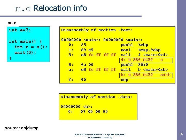 m. o Relocation info m. c int e=7; Disassembly of section. text: int main()