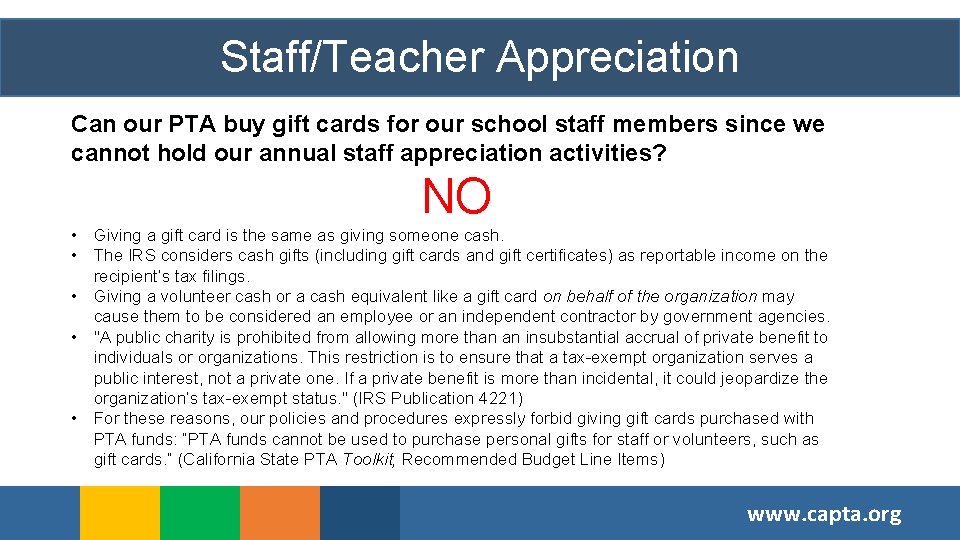 Staff/Teacher Appreciation Can our PTA buy gift cards for our school staff members since