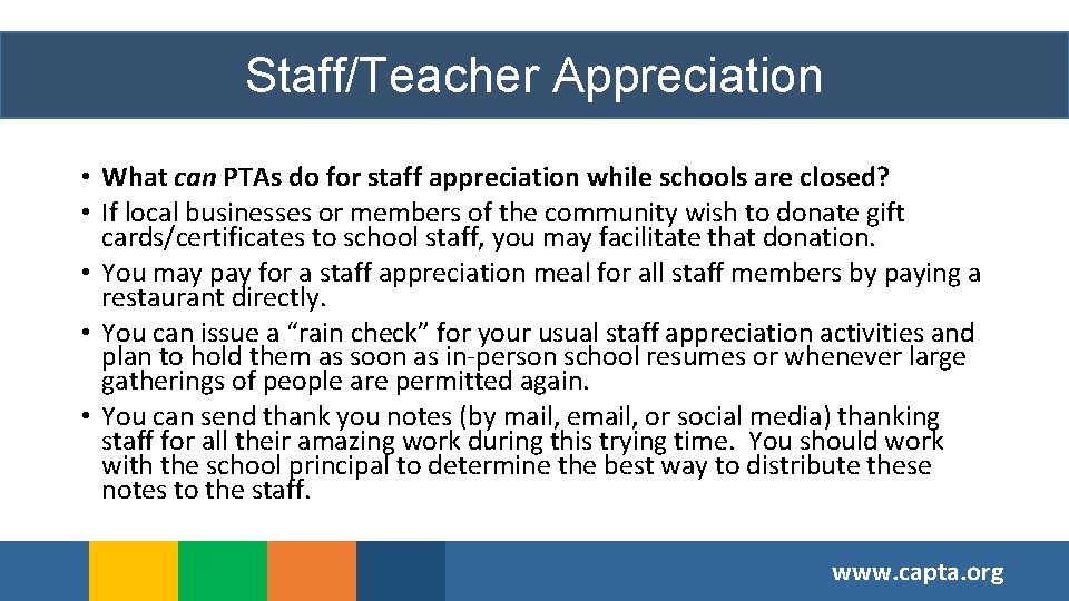 Staff/Teacher Appreciation • What can PTAs do for staff appreciation while schools are closed?