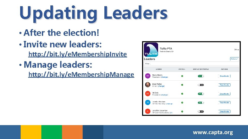 Updating Leaders • After the election! • Invite new leaders: http: //bit. ly/e. Membership.