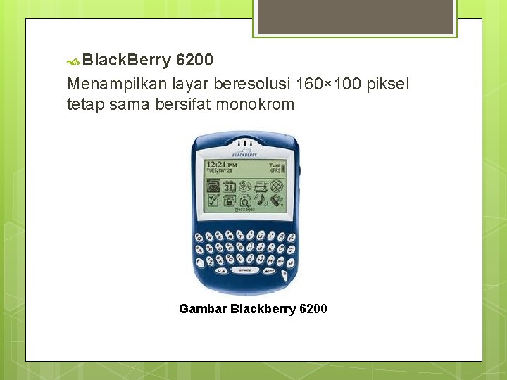  Black. Berry 6200 Menampilkan layar beresolusi 160× 100 piksel tetap sama bersifat monokrom