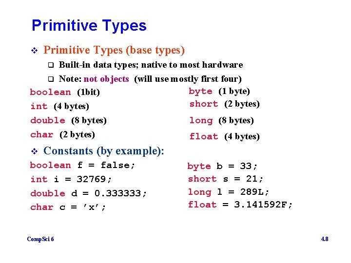 Primitive Types v Primitive Types (base types) Built-in data types; native to most hardware