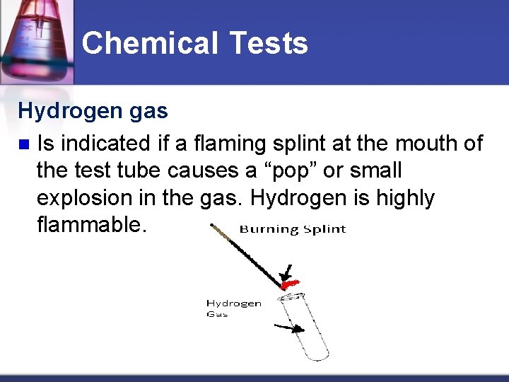 Chemical Tests Hydrogen gas n Is indicated if a flaming splint at the mouth
