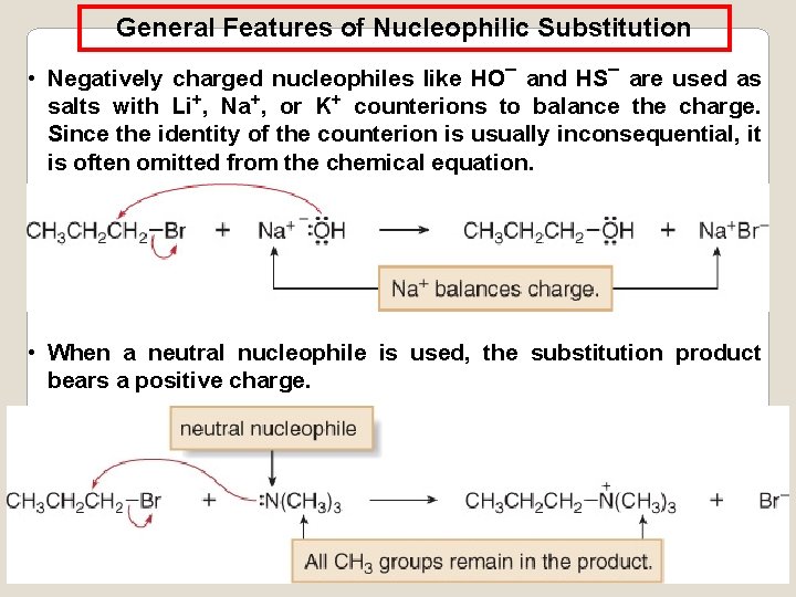 General Features of Nucleophilic Substitution • Negatively charged nucleophiles like HO¯ and HS¯ are