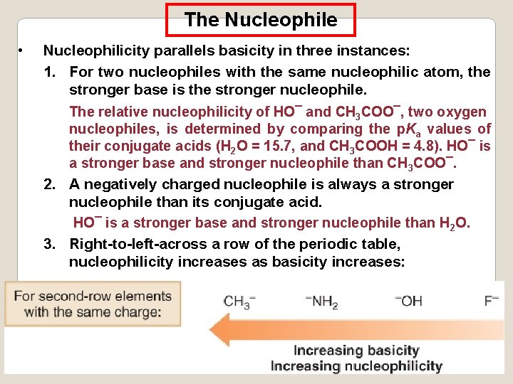 The Nucleophile • Nucleophilicity parallels basicity in three instances: 1. For two nucleophiles with