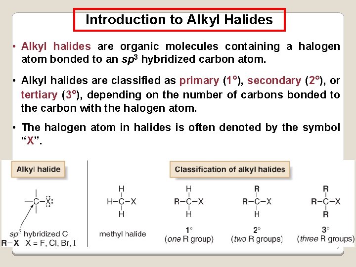 Introduction to Alkyl Halides • Alkyl halides are organic molecules containing a halogen atom