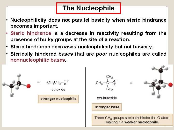 The Nucleophile • Nucleophilicity does not parallel basicity when steric hindrance becomes important. •