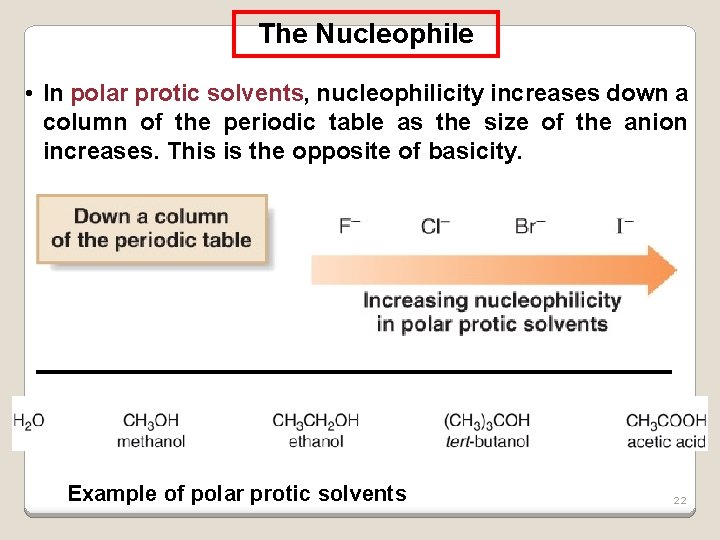 The Nucleophile • In polar protic solvents, nucleophilicity increases down a column of the