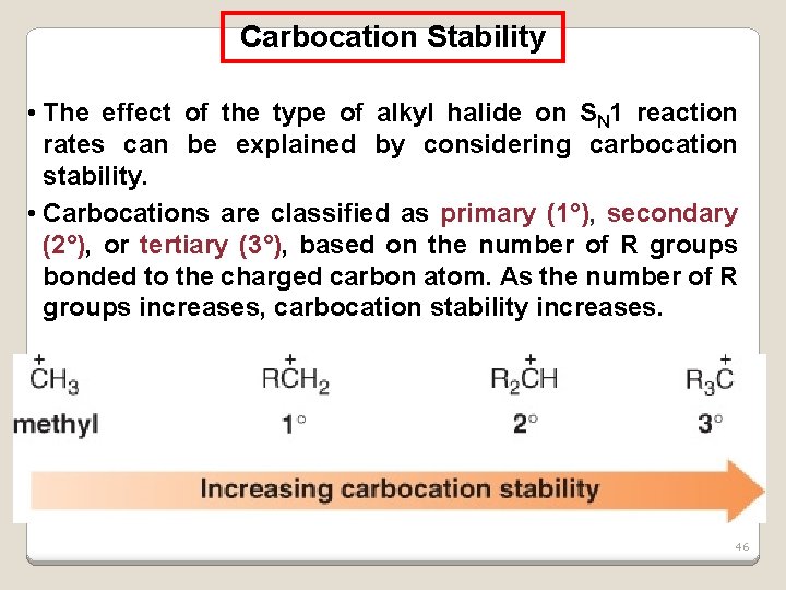 Carbocation Stability • The effect of the type of alkyl halide on SN 1